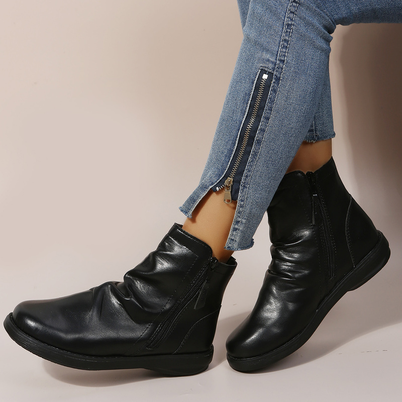Bottines de Style britannique pour femmes, chaussures plates de printemps et d'automne, avec fermeture éclair latérale plissée, collection 2022
