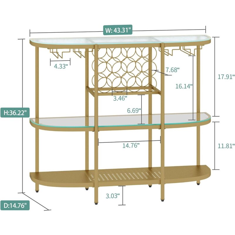 Винный столик со стеклянными держателями, 3-уровневый барный стол для ликера, Золотая мебель для холодильника