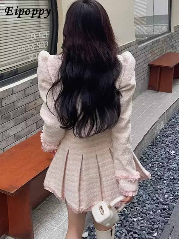 High Quality Tassel Small Fragrance Tweed 2 Piece Set Women Short Jacket Coat + Skirt Sets Korean Fashion Sweet Two Piece Suits