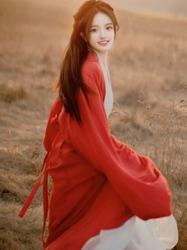 Saia feminina de fadas fluindo manga larga, fantasia hanfu vermelha, vestido de fada antigo, dinastia Jin, estilo legal, novo, elegante