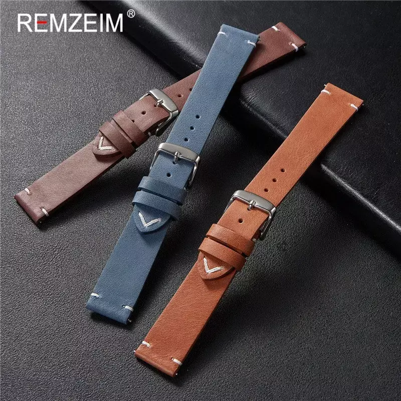 REMZEIM – bracelet de montre en cuir de veau, 18mm 20mm 22mm, à dégagement rapide, marron foncé, gris, noir, bleu, vert
