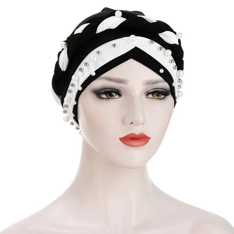 Braid Hijab Caps Pearls Muslim Turban Cap Forehead Cross Inner Hijabs Ready To Wear Headscarf Bonnet Caps For Scarf
