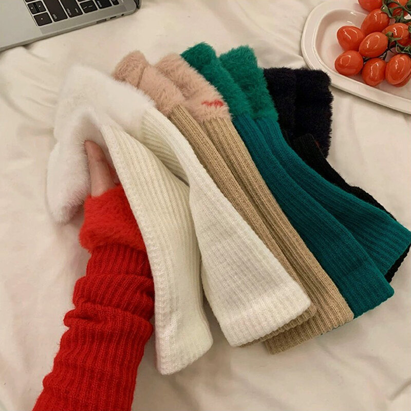 Soft Fleece Long Fingerless Arm Warmer Gloves Winter Warm Plush Half Finger Mittens Women Y2K Solid Knitted Glove Sleeves