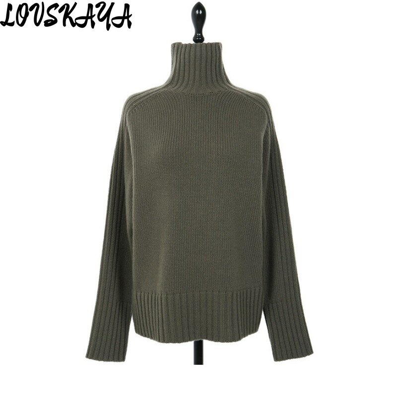 Sweater rajut leher tinggi wanita, sweater longgar bergaris bawah malas sederhana dan tebal retro musim dingin perempuan