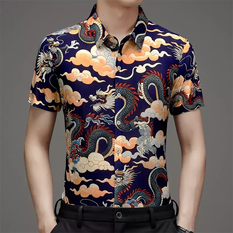 Kemeja lengan pendek motif naga, kaus sutra es musim panas lengan pendek dengan pola naga, gaya Cina trendi, longgar dan serbaguna untuk pria