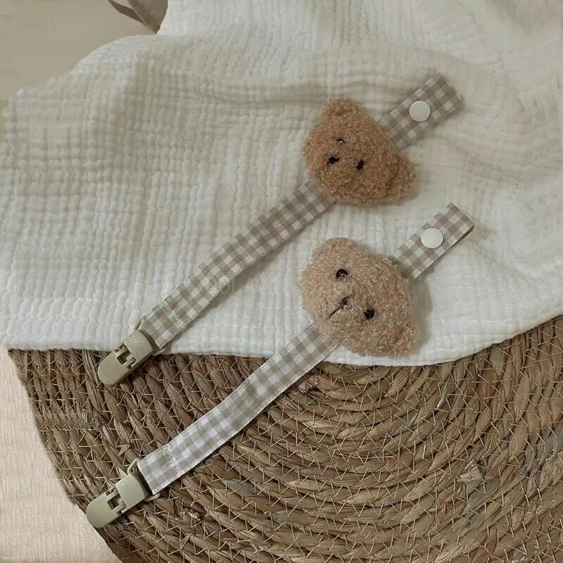 Attache-sucette en coton à carreaux ours mignon, Clip chaîne pour bébé, anneau dentition, porte-sucette, bricolage, sangle
