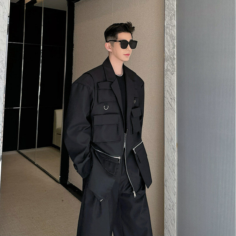 Jaqueta multibolso tridimensional masculina, blazers de manga comprida, blazers soltos e confortáveis, bonito na moda, primavera 2022