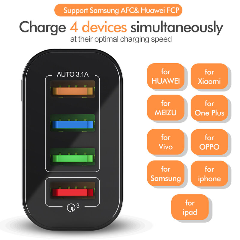 4 USB Charger Fast Charger Quick Charge 3.0สำหรับ iPhone 14 13 12 Pro MAX Xiaomi Mi Huawei Samsung Mobile เครื่องชาร์จโทรศัพท์อะแดปเตอร์