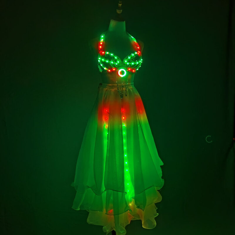 Lampu Warna LED Rok Split Tari Perut Wanita Pakaian Latihan Tari Perut Profesional Seksi Kostum Menari