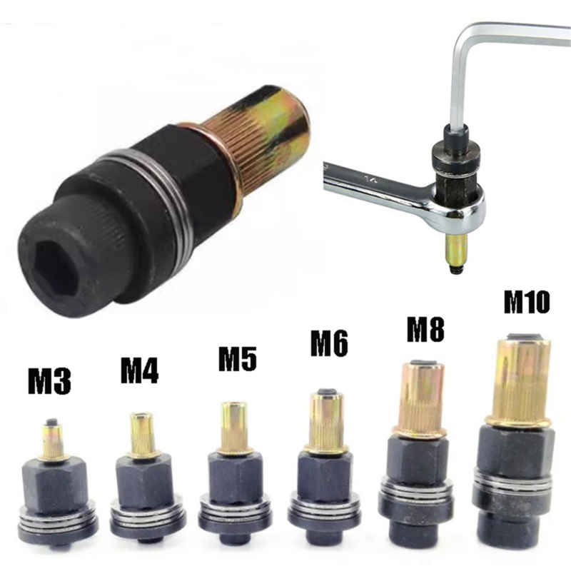 Mão Rivet Nut Head Nuts Adapter, Riveter Tool, Acessório para Nuts, Modelo Opcional M3-M10, 6Pcs