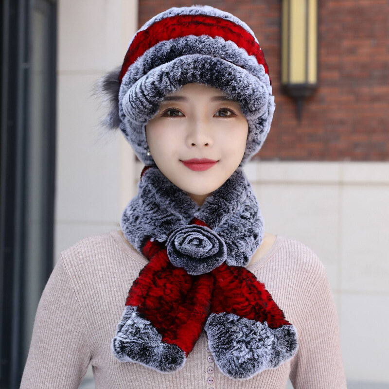 Женская вязаная шапка и шарф, зимняя шапка и шарф из натурального кроличьего меха