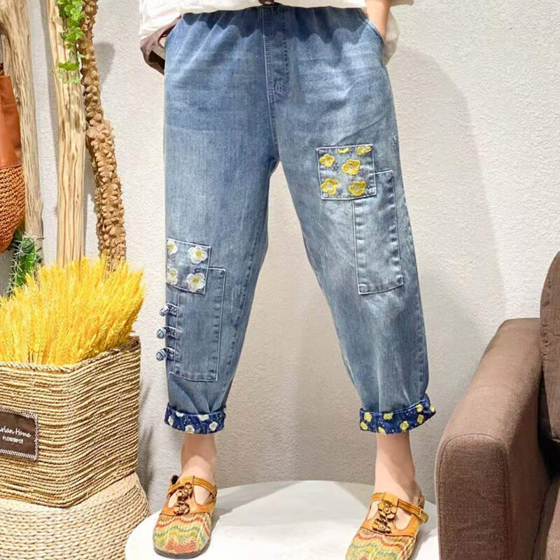 Spring Summer Women New Small Floral Printed Blue Jeans Personality Design Denim Pants Elastic Waist Casual Vintage Trousers