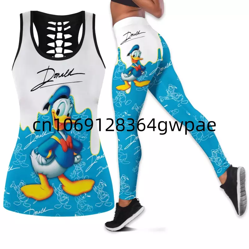 Disney Donald Duck Women Book Hollow Vest + Women Leggings Yoga Suit Fitness Leggings Sports Suit Tank Top Legging Set Outfit