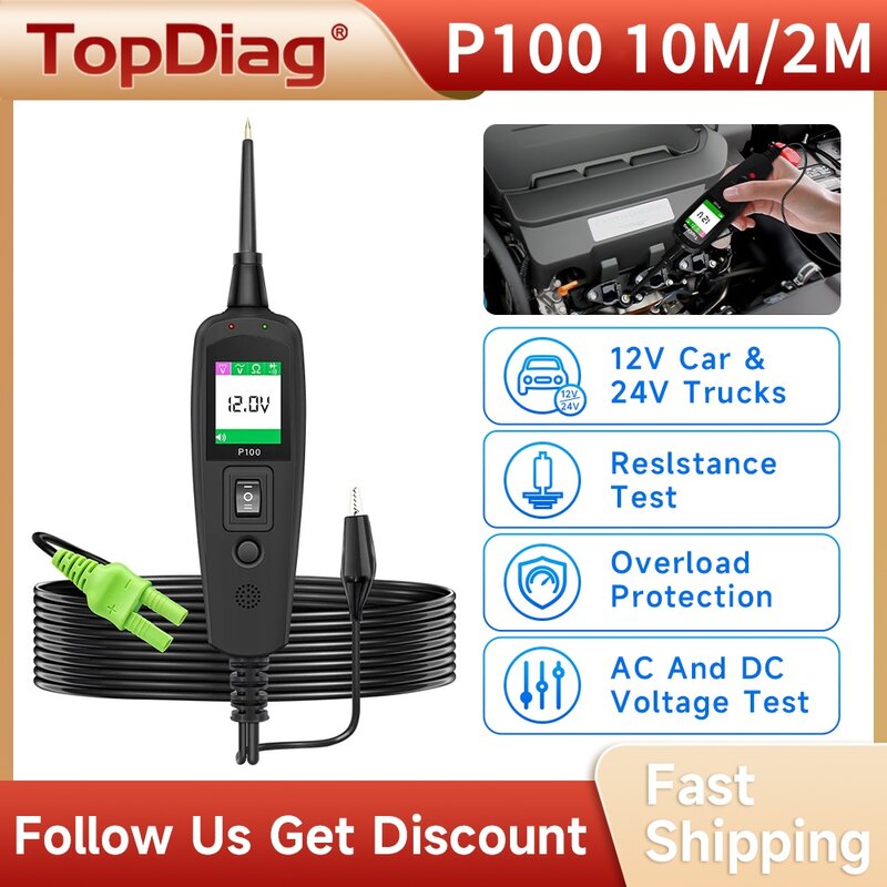 Topdiag-Kit de sonda de circuito de potencia P100, herramienta de probador eléctrico, probador de voltaje de 12/24V, herramientas de diagnóstico de pluma de sonda de coche corta/sobrecarga