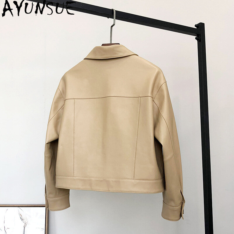 Ayunsue-女性用の本物のシープスキンレザージャケット,韓国のファッション,シングルブレスト,本革のコート,スクエアカラー