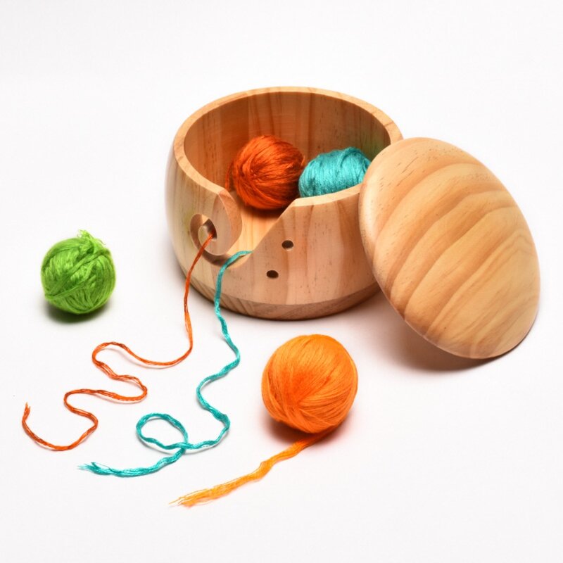 Bolsa con agujeros hechos a mano, cesta de almacenamiento de tejido de lana, cuenco de hilo de madera, soporte de lana, organizador, herramienta de tejido de ganchillo