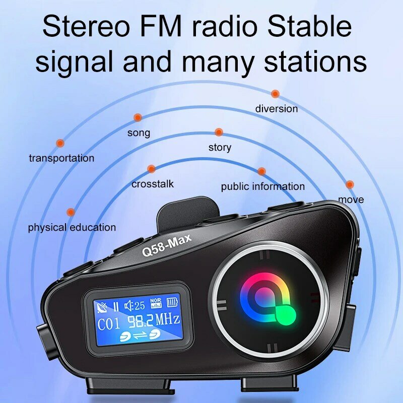 Casco moto auricolare walkie talkie Bluetooth 5.3 impermeabile riduzione del rumore microfono FM radio illuminazione musica MP3