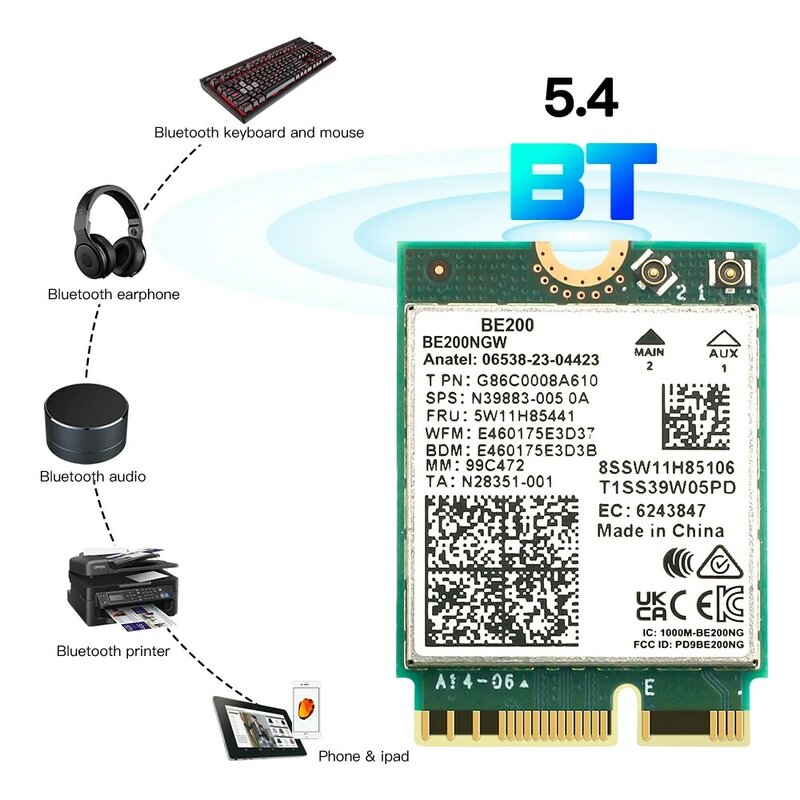 WIFI 7 untuk Intel BE200 nirkabel, kartu Wifi BE200NGW Bluetooth 5.4 802.11AX tri-band M.2 NGFF adaptor jaringan untuk Win10/11 WiFi 6E