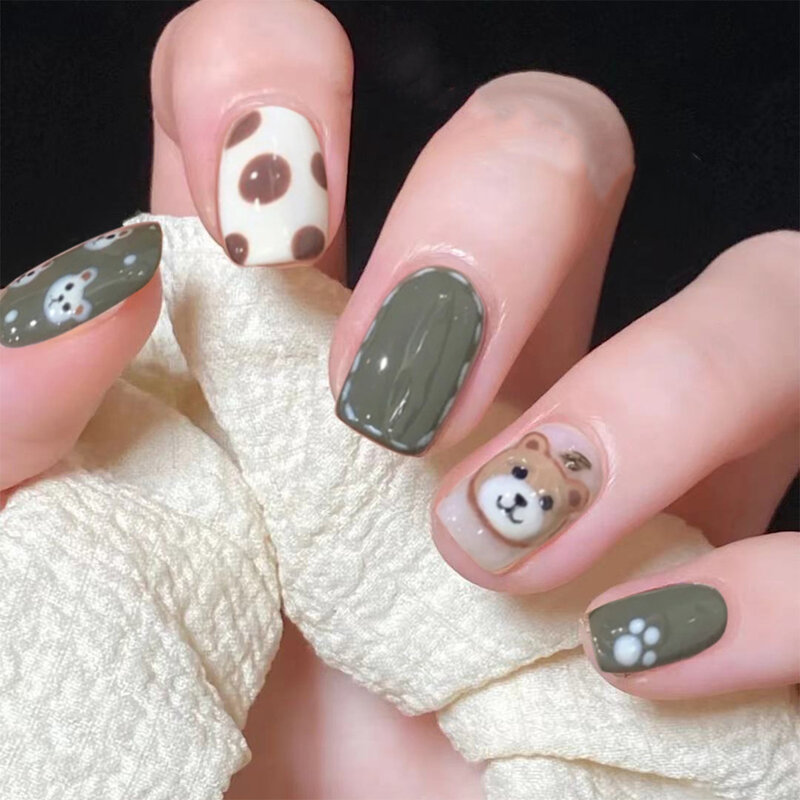 24p krótkie kwadratowe okrągłe sztuczne paznokcie urocze projekt niedźwiedzia sztuczne paznokcie sztuka pełne pokrycie wodoodporna sztuczna prasa do paznokci z narzędziami
