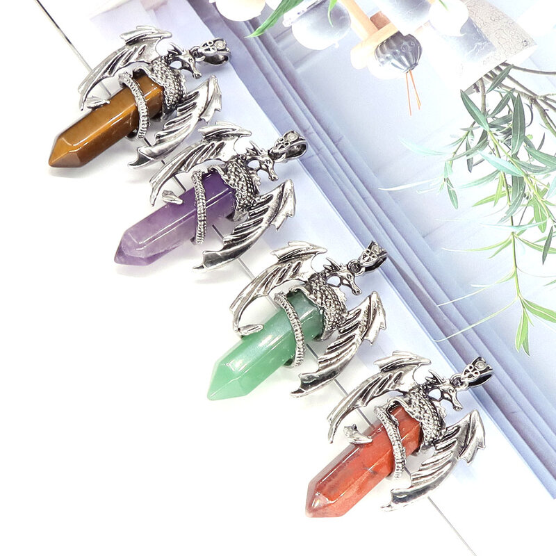 Fashion Dragon Ketting Natuurlijke Amethist Stone Healing Quartz Zeshoekige Crystal Hanger Charm Vintage Sieraden Voor Man Vrouwen Gift