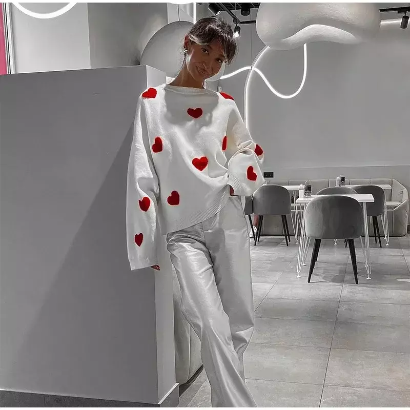 Camisola de malha bordada com gola O para mulheres, pulôver Harajuku, moda americana, streetwear Love Heart, amantes extragrandes