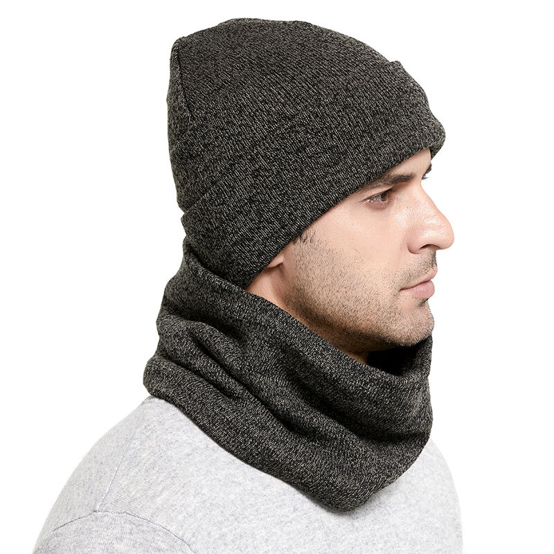 Winter Knitted Hats Scarf Set Thicken Plus Velvet Unisex Warm Beanies Soft Men Women Cotton Solid Scarf Hat Kit