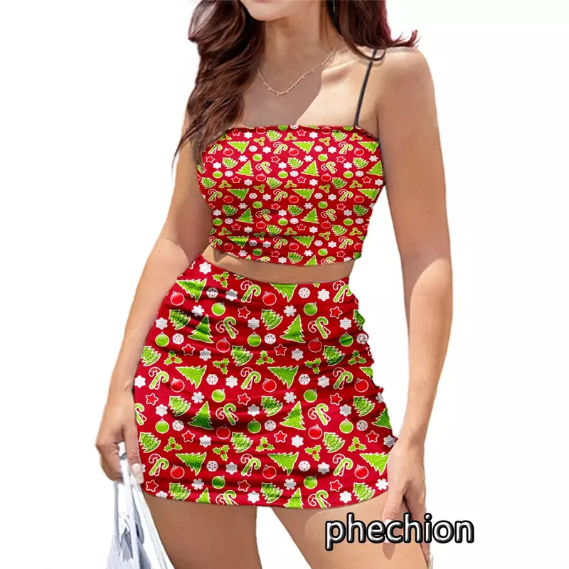 Phechion-새로운 패션 3D 인쇄 크리스마스 패턴 여성 클럽 의상, 섹시한 슬링 튜브 탑과 짧은 드레스, 2 피스/세트, K41