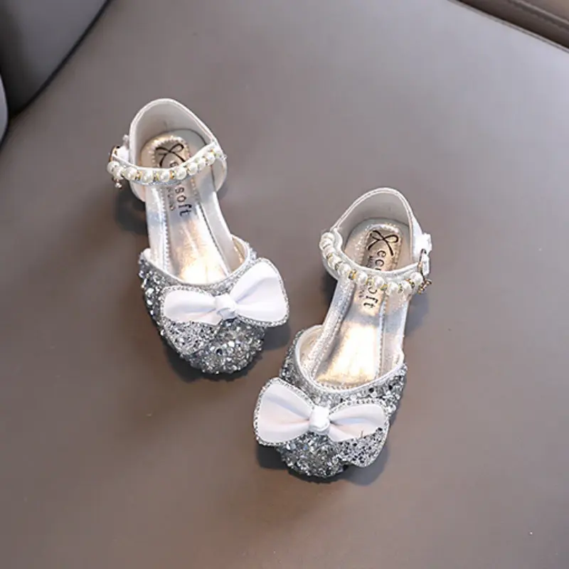 Girl Sandals Luxury Sequins Children Princess Dress Performance Shoes Fashion Bowtie Pearl Kids Flat Sandals for Wedding Party
