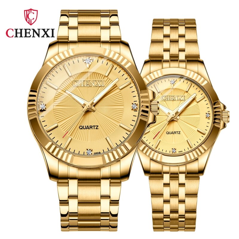 Chenxi ชุดเดรสสีทอง050A สแตนเลส Jam Tangan pasangan กันน้ำมีเอกลักษณ์เป็นสีทองสำหรับผู้หญิงนาฬิกาข้อมือควอตซ์นักธุรกิจผู้ชาย
