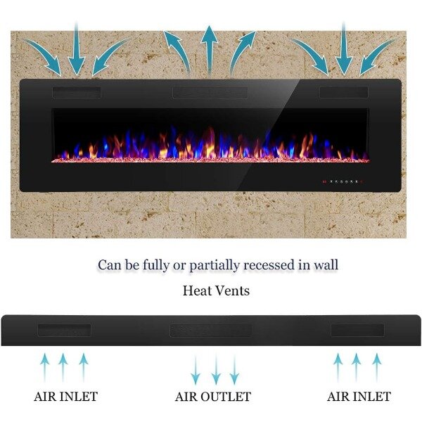 R.W.FLAME 60" Recessed and Wall Mounted Electric Fireplace, Low Noise, Remote Control with Timer, Touch Screen