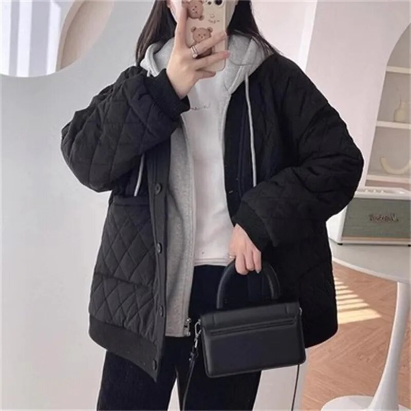2023 New Thickened Warm Cotton-Padded Women Autumn Winter Fake Two-Piece Rhombic Hooded Top Cotton-Padded Jacket Coat Female