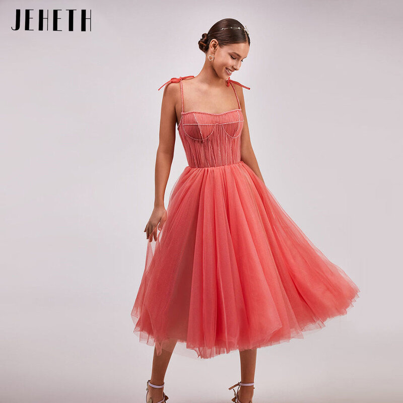 JEHETH Black Tulle Beaded Midi Prom Dresses Spaghetti Straps Tea-lunghezza pieghe a-line abiti da sera formali Robes De Soirée