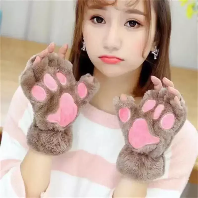 Kawaii damskie rękawiczki dla kotów modne dziewczęce kocie pazury pluszowe rękawiczki ciepłe miękki pluszowy krótkie rękawiczki zimowe bez palców na pół palca