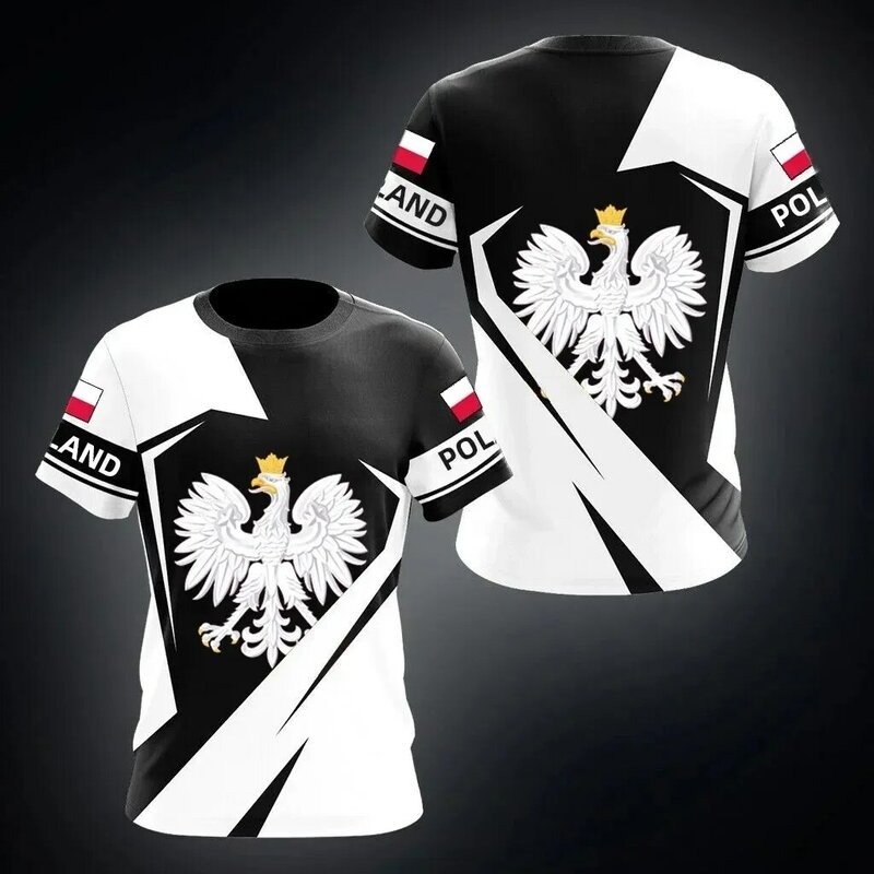 Bandeira polonesa masculina, crachá e camuflagem camiseta impressa em 3D, gola redonda, manga curta, grandes dimensões, solta, secagem rápida, moda esportiva