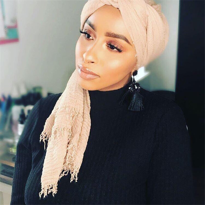 Turbante de algodão liso para mulheres muçulmanas, hijab enrugado, lenços macios, xales e envoltórios, hijab monocromático, 2023