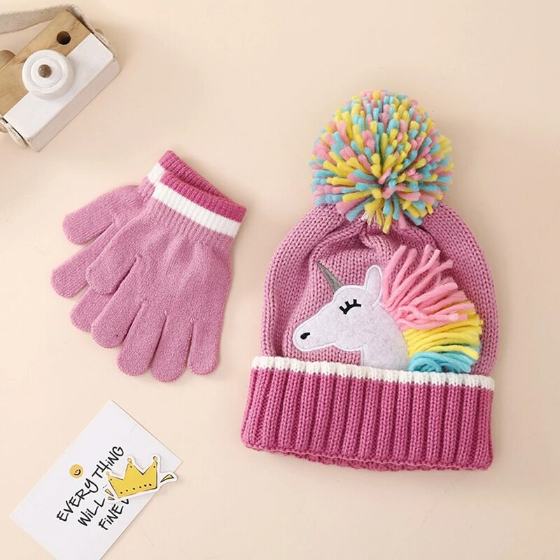 Детский зимний комплект, вязаная шапка и перчатки с мультяшным единорогом, зимняя теплая облегающая шапка и рукавицы для девочек, набор для детей