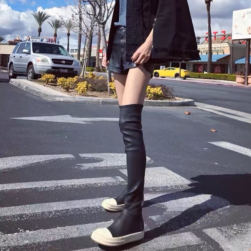 Owen Seak-Botas altas por encima de la rodilla para mujer, zapatos planos de cuero PU, largos, negros, elásticos, informales, de lujo, para invierno y primavera