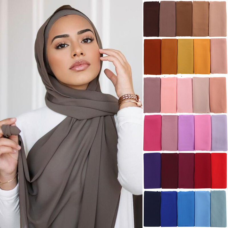Xales Chiffon Hijab muçulmanos para mulheres, envoltórios de cabeça monocromáticos, lenços para senhoras, véu muçulmano, 72*175cm