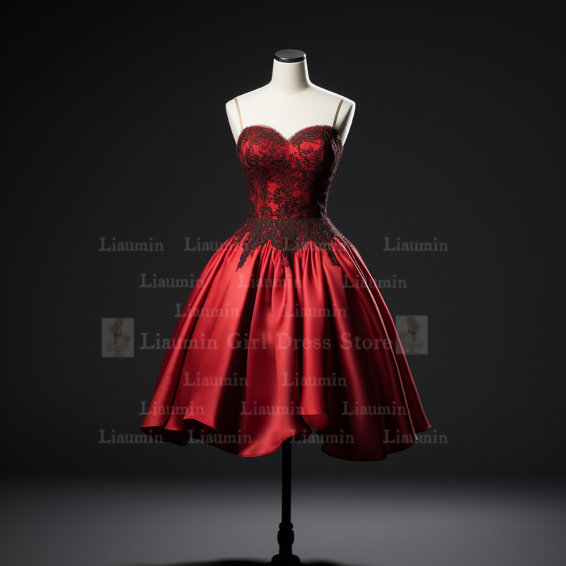 Czerwona i czarna koronkowa aplikacja na brzegach krótka długość sznurowana suknia wieczorowa formalna okazja Elagant Clohing ręcznie robiona na zamówienie W1-2