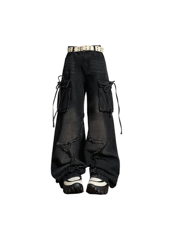 Women's Black Gothic Baggy Cargo Jeans with Star Harajuku Y2k 90s Aesthetic Denim Trousers Emo 2000s Jean Pants Vintage Clothes