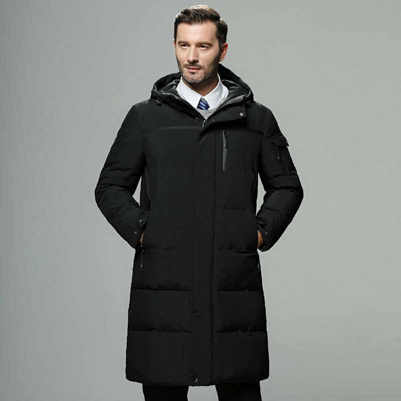 Jaqueta de comprimento médio masculino, jaqueta alta, espessado de grandes dimensões com capuz, de meia idade e idosos, novo, inverno