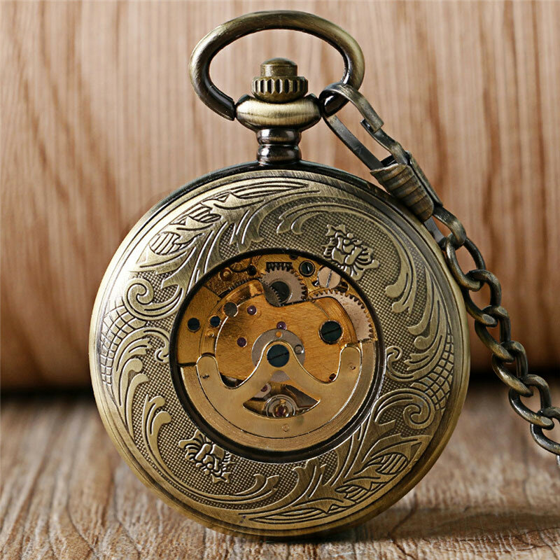 Vintage Bronze Poker Hollow Out Pocket Watch para homens e mulheres, Relógios mecânicos automáticos com corrente, relógio esqueleto, presente de corrente pendente
