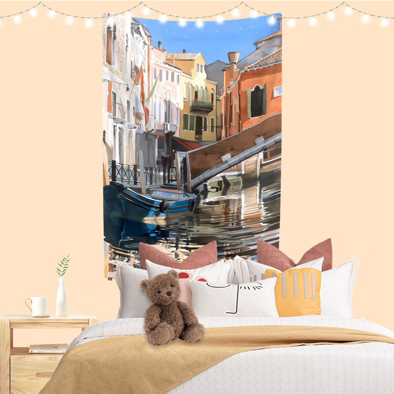 Tapisserie d'art aquarelle imprimée paysage, décor de chambre Boho, mur esthétique, toile de fond de dortoir, couverture de plage