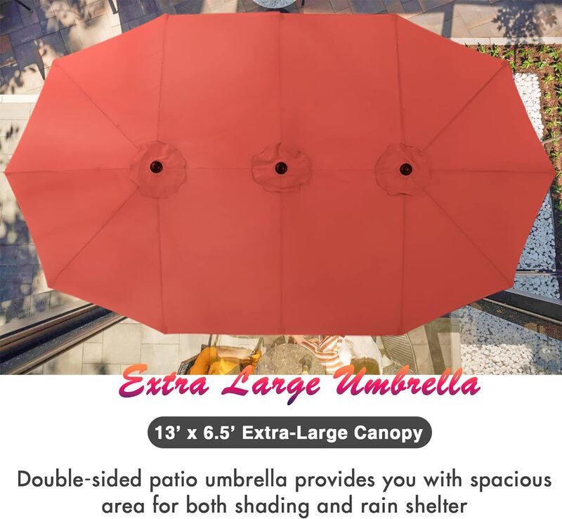 Jantar ao ar livre Conjunto com guarda-chuva dupla face para 6, mesa de jantar retangular metal, cadeiras de vime almofadadas, móveis, 7 pcs