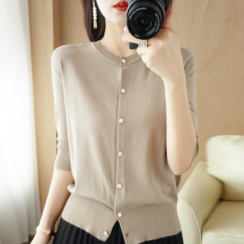Cardigan tricoté en soie glacée pour femmes, manches trois-quarts amples, col rond, t-shirt minimaliste haut de gamme, fin, couleur unie, été 2022