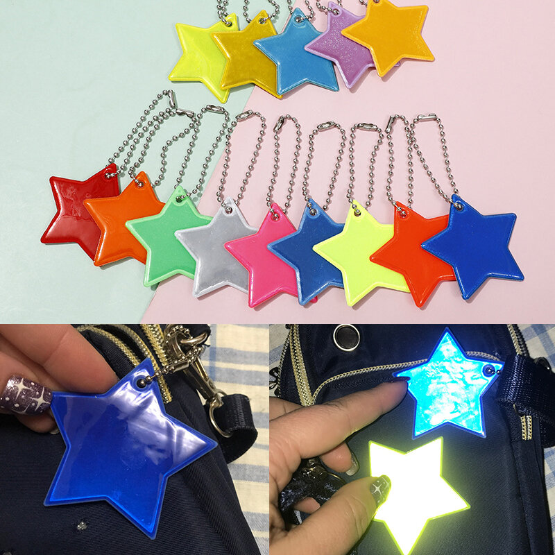 10PCS Reflective Keychain Pendant Ghost,Star,Heart Shape Safety Reflector Bag Pendant Keyrings Accessories For Child Adults