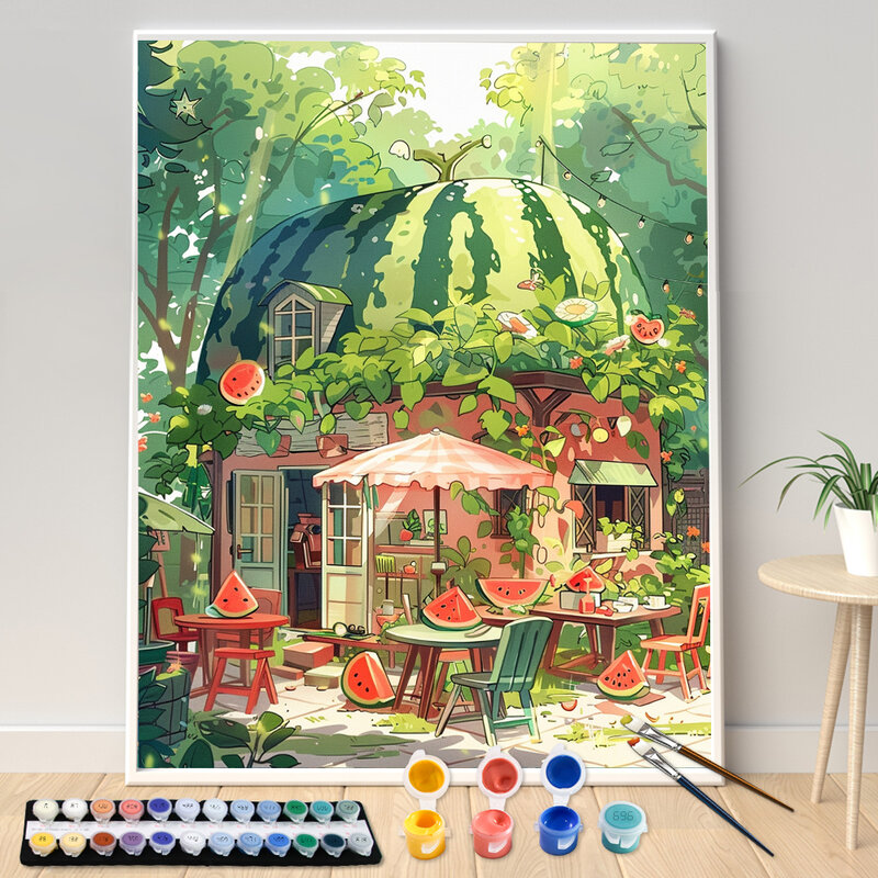 Pittura a mano Cartoon Watermelon Style House pittura acrilica con i numeri Kit opera d'arte fai da te Canva Art GiftHome decorazione regalo
