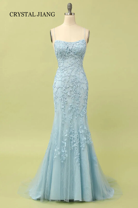 Женское длинное вечернее платье с юбкой годе, синее кружевное платье на бретелях-спагетти без рукавов с открытой спиной и шлейфом