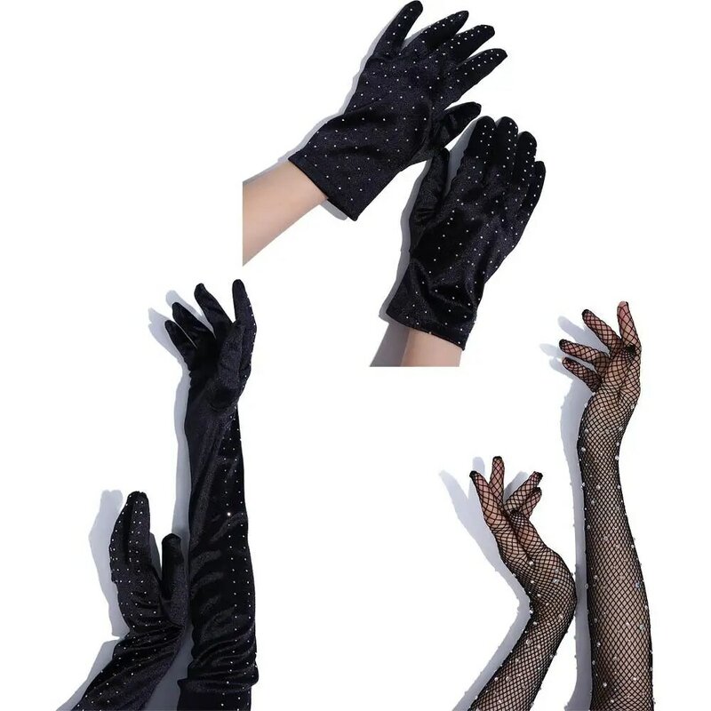 Retro Delicate Pailletten Elastische Vrouwen Toneelvoorstelling Visnet Handschoenen Satijn Wanten Mesh Handschoenen Diamanten Full Finger Handschoenen