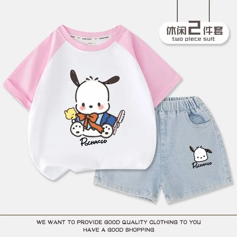 Sanrios Kids Short-Sleeved Shorts Two-Piece Set Pochacco Boy Girl Cotton T-Shirt Denim Shorts Summer Casual Children's Clothes